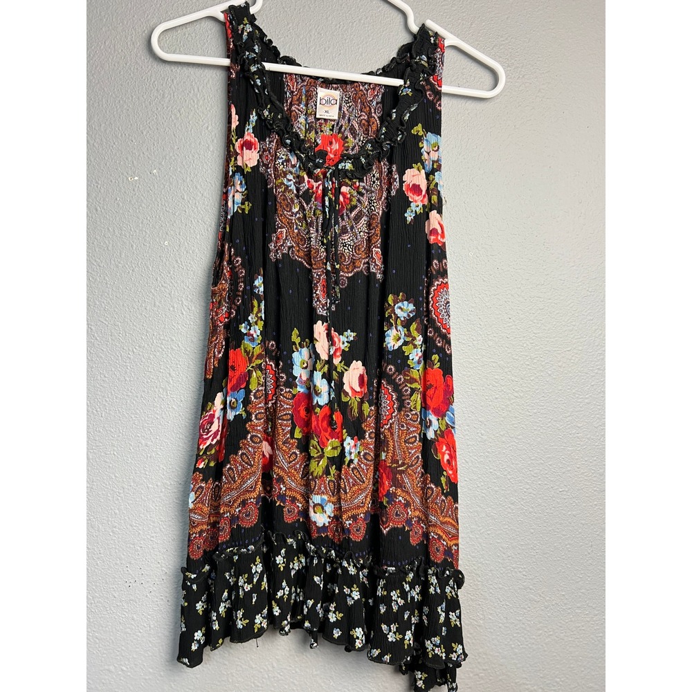 Bila Womens XL Boho Retro Floral Paisley Crinkle Rayon Ruffle Tunic Top Festival